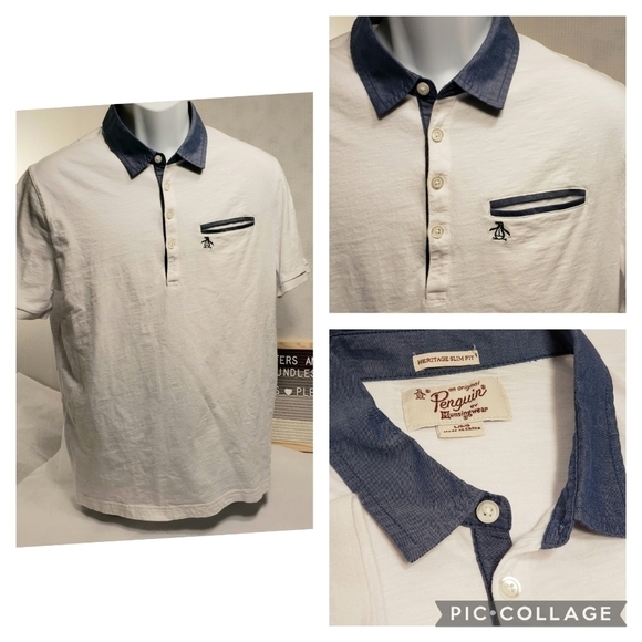 Original Penguin Heritage Slim Fit Shirt White Dark Chambray Collar Large - Picture 1 of 6